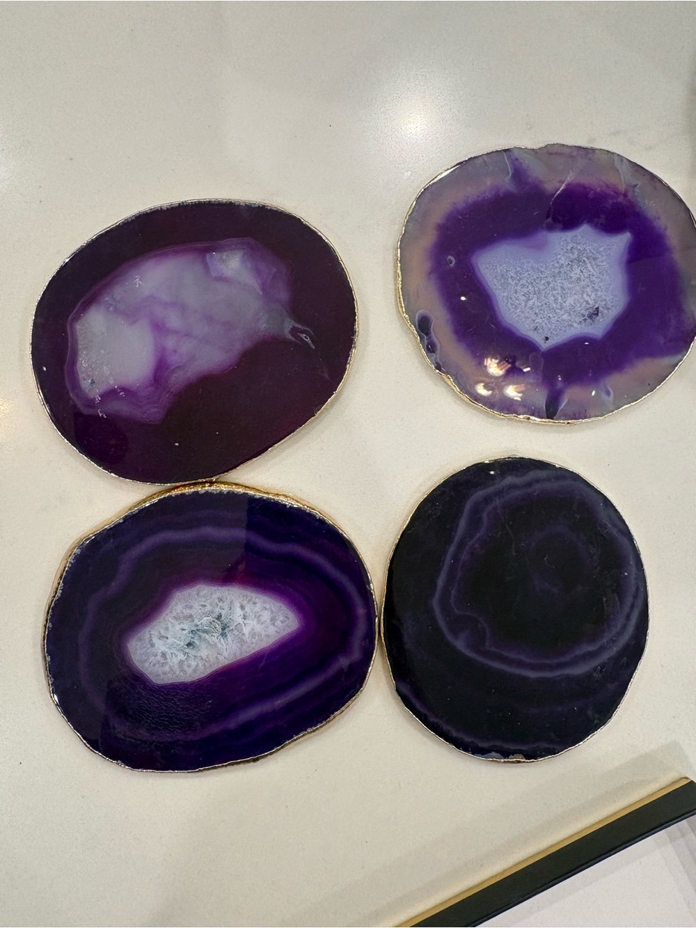 Jonathan Adler Purple Agate Slice Coasters with Gold Trim - Set of4